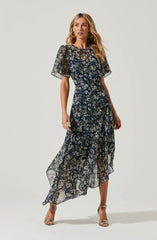Inixyf Flutter Sleeve Floral Asymmetric Maxi Dress