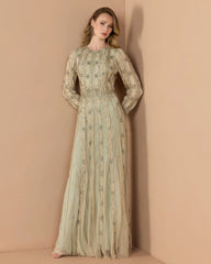 Green Embellished Long Sleeve A-Line Gown