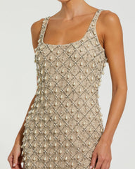 Beige Pearl Embellished Scoop Neck Midi Dress