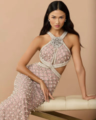 Pink Pearl Embellished Open Back Gown