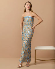 Beige Strapless 3D Floral Embellished Dress
