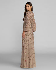 Beige Crystal Beaded Floral Bishop Sleeve Gown