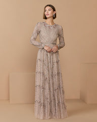 Rose Rhinestone Embellished Long Sleeve A-Line Gown