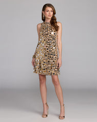 Gold Geometric Embellished Sleeveless Mini Dress