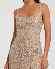 Beige Embellished Square Neck Gown