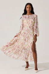 Lbruh Pleated Chiffon Floral Midi Dress