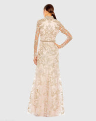 Pink Queen Anne Lace Long Sleeve V-Neck Trumpet Gown