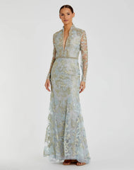 Blue Queen Anne Lace Long Sleeve V-Neck Trumpet Gown