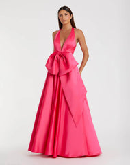 Pink Sleeveless Halter Neck Satin Ball Gown With Bow