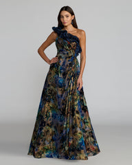 Black Multicolor One Shoulder Burnout Velvet Gown