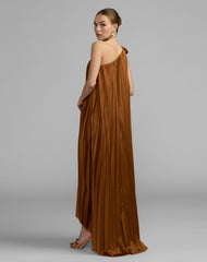 Brown Pleated One Shoulder High Low Trapeze Gown