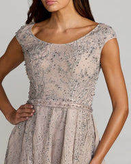 Taupe Beaded Cap Sleeve A-Line Gown With Slit