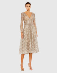 Taupe Sequin Embellished Long Sleeve Wrap Dress