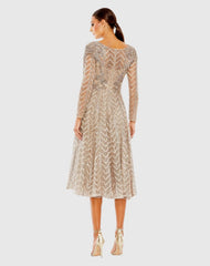 Taupe Sequin Embellished Long Sleeve Wrap Dress