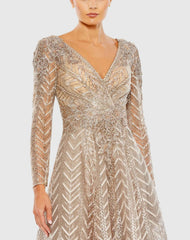Taupe Sequin Embellished Long Sleeve Wrap Dress