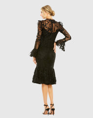 Black Long Sleeve Embroidered Midi Dress