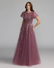 Purple Embroidered Tulle Flutter Sleeve Formal Gown