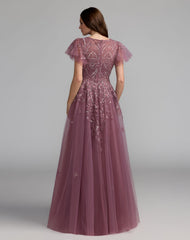 Purple Embroidered Tulle Flutter Sleeve Formal Gown