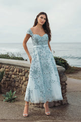 Blue Floral Embroidered Sweetheart Neckline Midi Dress