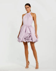 Purple Satin Bubble Hem Backless Mini Dress