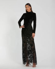 Black Long Sleeve Sheer Floral Embroidered Velvet Dress