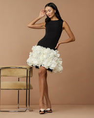 Black Sleeveless Mini Dress with 3D Floral Skirt