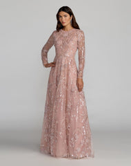 Pink Embellished Long Sleeve Evening Gown