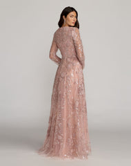 Pink Embellished Long Sleeve Evening Gown