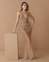 Gold Hand Embellished Open Back Halter Gown