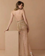 Gold Hand Embellished Open Back Halter Gown
