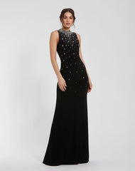 Rhinestone Embellished Sleeveless Crepe Gown