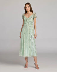 Green Sequin Jeweled V Neck Midi Dress