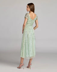 Green Sequin Jeweled V Neck Midi Dress