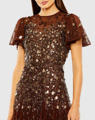 Brown High Neck Flutter Sleeve Embellished Midi Dress