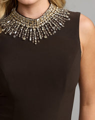 Brown Sleeveless Rhinestone Embellished High Neck Gown