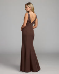 Brown Embellished Crepe Sleeveless V-Neck Gown