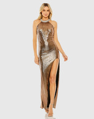 Gold High Neck Crystal Detail Metallic Slit Gown - FINAL SALE