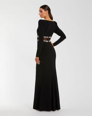 Black Long Sleeve Jersey Gown With Jewel Detail