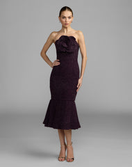 Purple Boucle Strapless Midi Dress With 3D Flower
