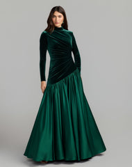 Emerald Green Velvet Bodice Long Sleeve Charmeuse Gown