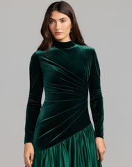 Emerald Green Velvet Bodice Long Sleeve Charmeuse Gown