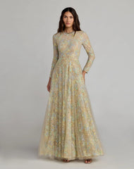 Beige Long Sleeve Embellished Lace A-Line Gown