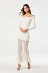 Lbruh Off Shoulder Mesh Panel Hem Maxi Dress