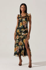 Lbruh Alinta Floral Ruffle Cowl Neck Midi Dress