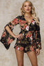 Zane Long Bell Sleeve Floral Romper Black