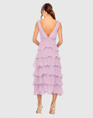 Purple Plunge Neck Sleeveless Chiffon Ruffle Midi Dress