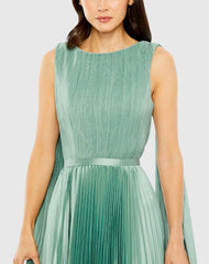 Green Pleated Cape Back Gown