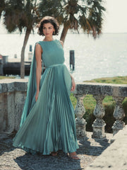 Green Pleated Cape Back Gown