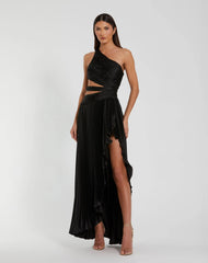 One Shoulder Pleated Charmeuse Gown with Slit