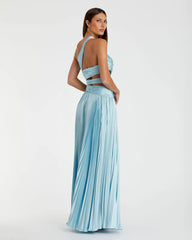 Blue One Shoulder Pleated Charmeuse Gown with Slit